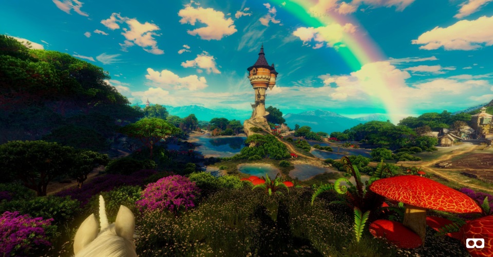 A-Frame and Ansel preview. A rainbow over a tower, blue skies and flowers; a stereo panorama from The Witcher 3.