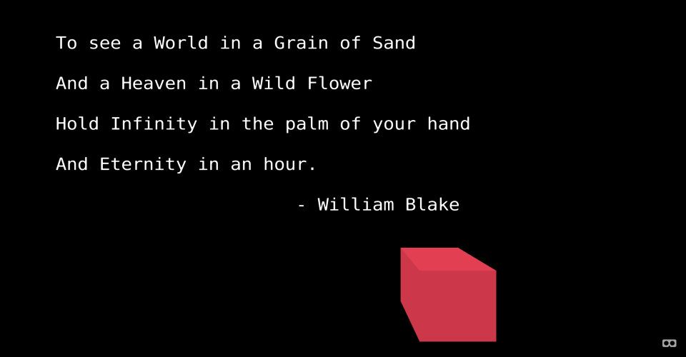 Bmfont-text preview image. A quote by William Blake and a red cube to demonstrate Matt DesLauriers' three-bmfont-text.