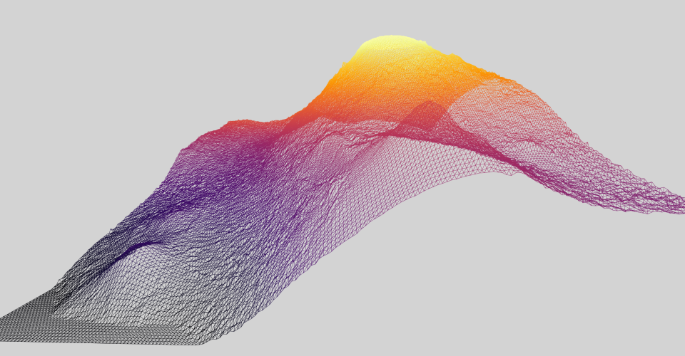 Preview of terrain model. A multicolored wireframe mountain range.
